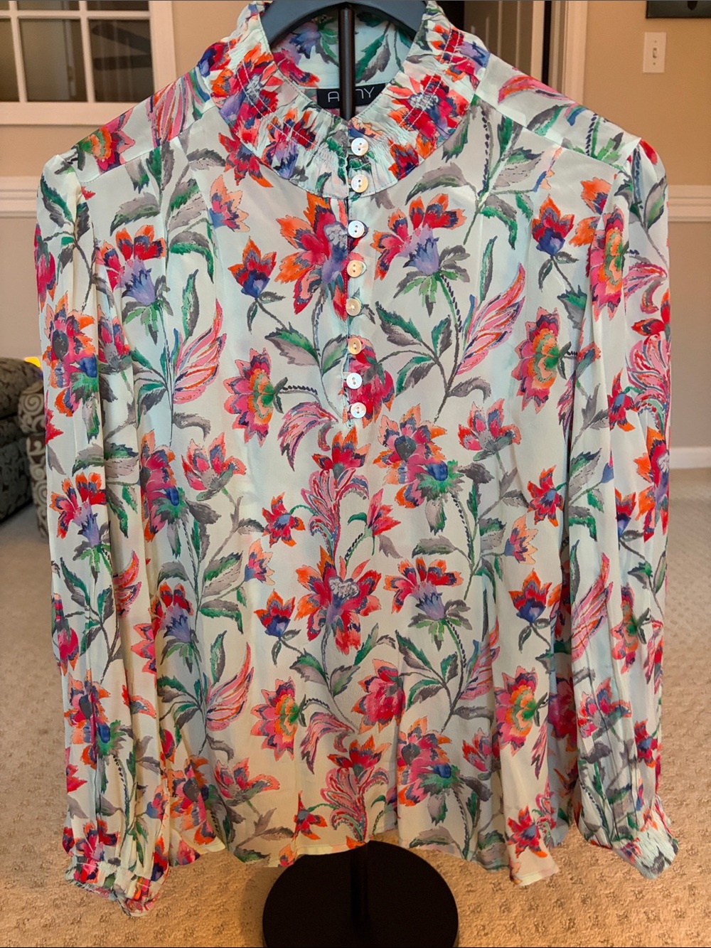 APNY  Mint Floral Button-Front Long-Sleeve Blouse with Multicolor Print